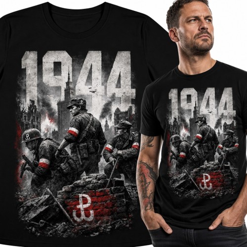Koszulka męska „1944” - Powstanie Warszawskie, powstańcy i kotwica Polski Walczącej
