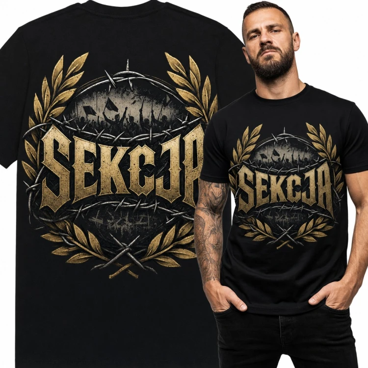 Koszulka męska „Sekcja” - kibicowski wzór z tłumem na trybunach i drutem kolczastym