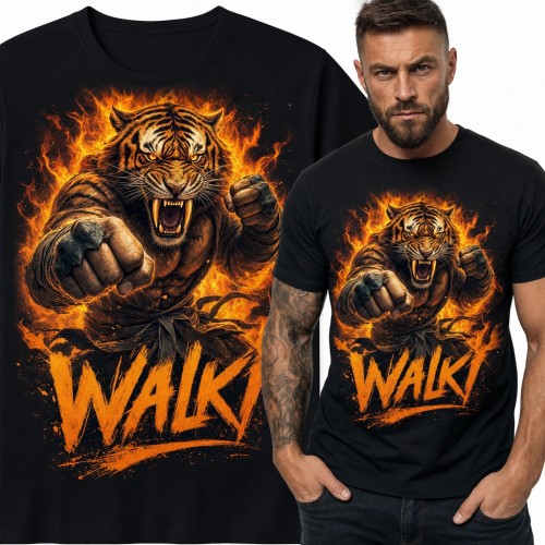 Koszulka męska „Walki” z tygrysem karateką w płomieniach