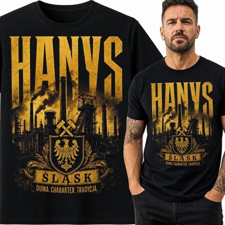 Koszulka męska „Hanys” - śląski orzeł z kopalnią i herbem górniczym
