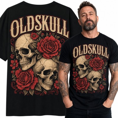 Koszulka męska „Oldskull” - czaszki w czerwonych różach w stylu old school tattoo
