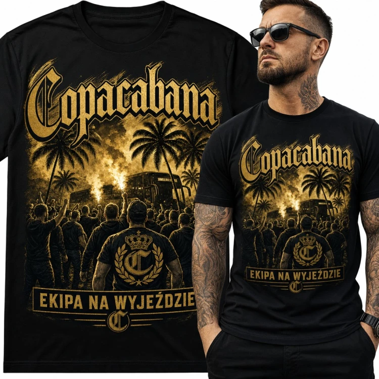 Koszulka męska „Copacabana” - ekipa na wyjeździe z racami i palmami