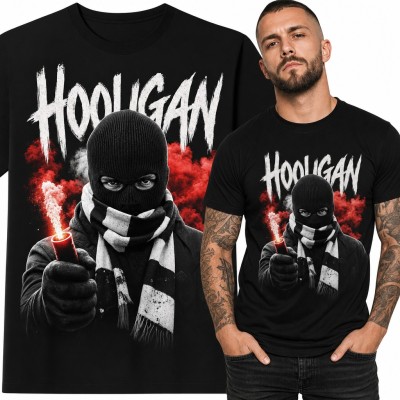 Koszulka męska „Hooligan” - kibic w kominiarce z racą i szalikiem