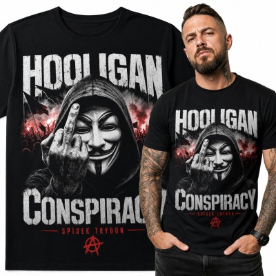 Koszulka męska „Hooligan Conspiracy” - maska Anonymous i trybuny z racami dla kibica