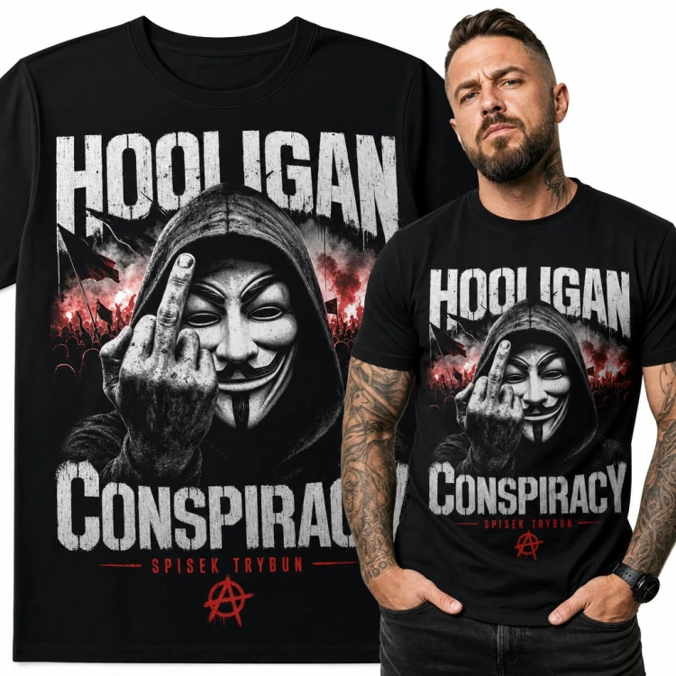 Koszulka męska „Hooligan Conspiracy” - maska Anonymous i trybuny z racami dla kibica