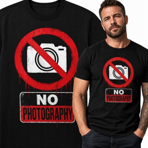Koszulka męska z przekreślonym aparatem „No Photography” - grunge