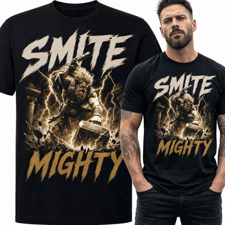 Koszulka męska „Smite Mighty” - Thor z młotem wśród błyskawic