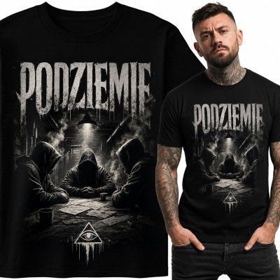 Koszulka męska „Podziemie” - zakapturzeni przy stole i oko w trójkącie