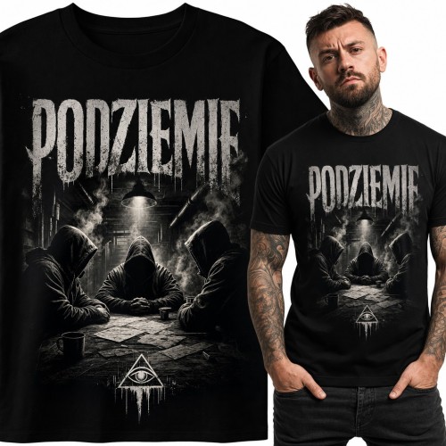 Koszulka męska „Podziemie” - zakapturzeni przy stole i oko w trójkącie