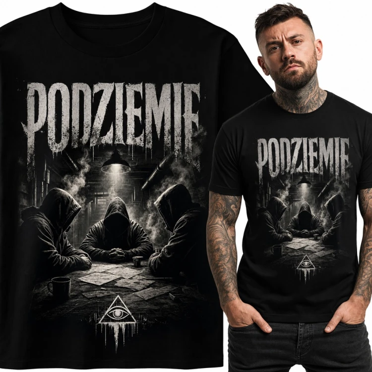 Koszulka męska „Podziemie” - zakapturzeni przy stole i oko w trójkącie