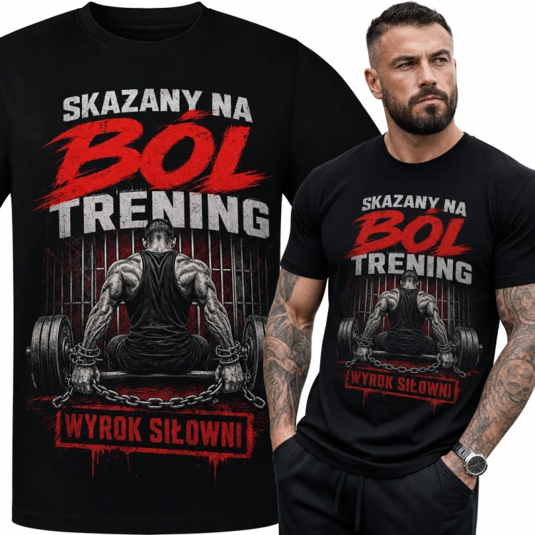 Koszulka męska „Skazany na ból trening” - kulturysta w łańcuchach przy sztandze