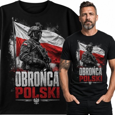 Koszulka męska „Obrońca Polski” - żołnierz z karabinem i flagą