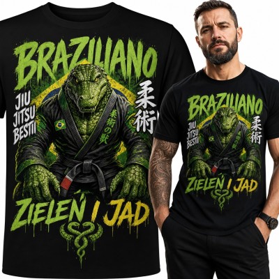 Koszulka męska jiu-jitsu z krokodylem w kimonie „Braziliano Jiu Jitsu Bestii Zieleń i Jad”