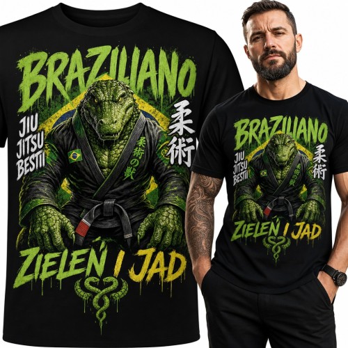 Koszulka męska jiu-jitsu z krokodylem w kimonie „Braziliano Jiu Jitsu Bestii Zieleń i Jad”