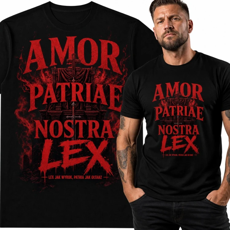 Koszulka męska „Amor Patriae Nostra Lex” - patriotyczna z mieczem i krzyżem