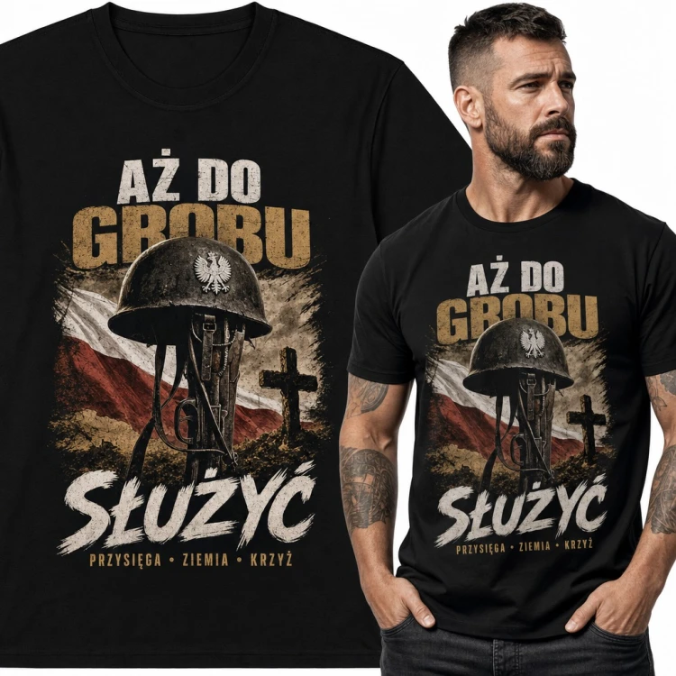 Koszulka męska „Aż do grobu służyć” - hełm z orłem i flaga Polski