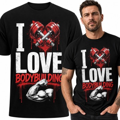 Koszulka męska „I Love Bodybuilding” z hantlami w sercu i bicepsem dla kulturysty