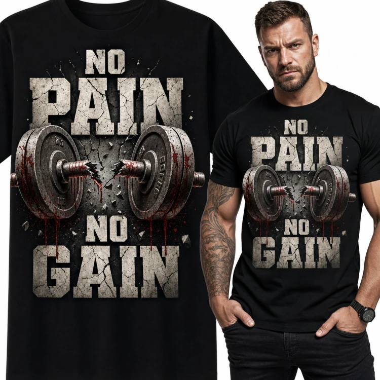 Koszulka męska na siłownię „No Pain No Gain” - pęknięta sztanga