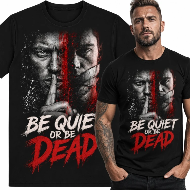 Koszulka męska „Be quiet or be dead” - mroczny thriller z twarzami i zaklejonymi ustami