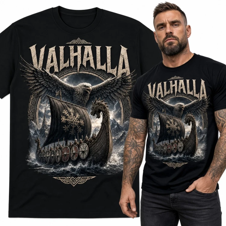 Koszulka męska „Valhalla” - drakkar wikingów z orłem i runą Vegvisir