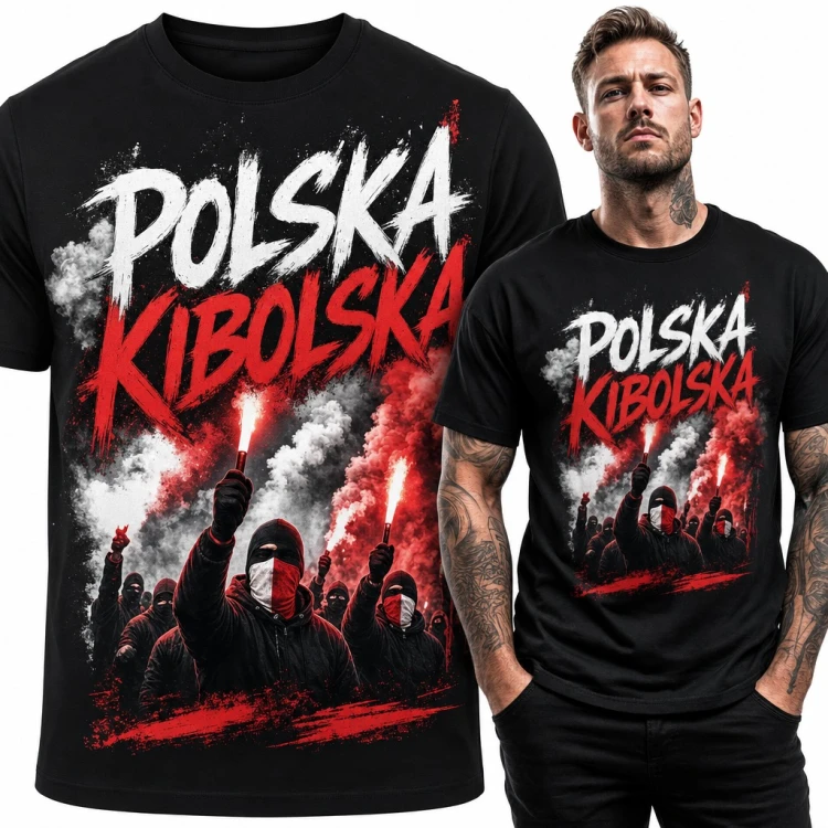 Koszulka męska „Polska kibolska” - kibice z racami w biało-czerwonym dymie