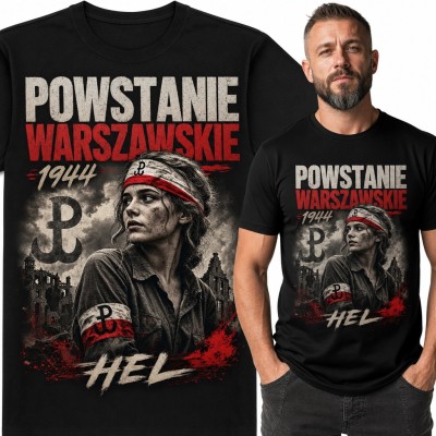 Koszulka męska „Powstanie Warszawskie 1944” - powstańczyni z opaską i kotwicą Polski Walczącej