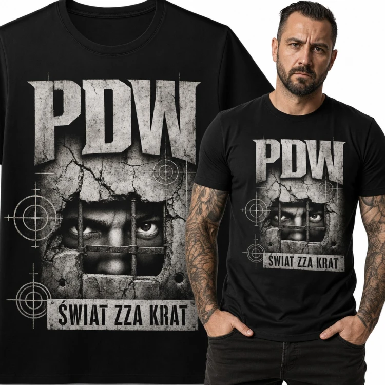 Koszulka męska „PDW Świat zza krat” - oczy za kratami w betonowym murze