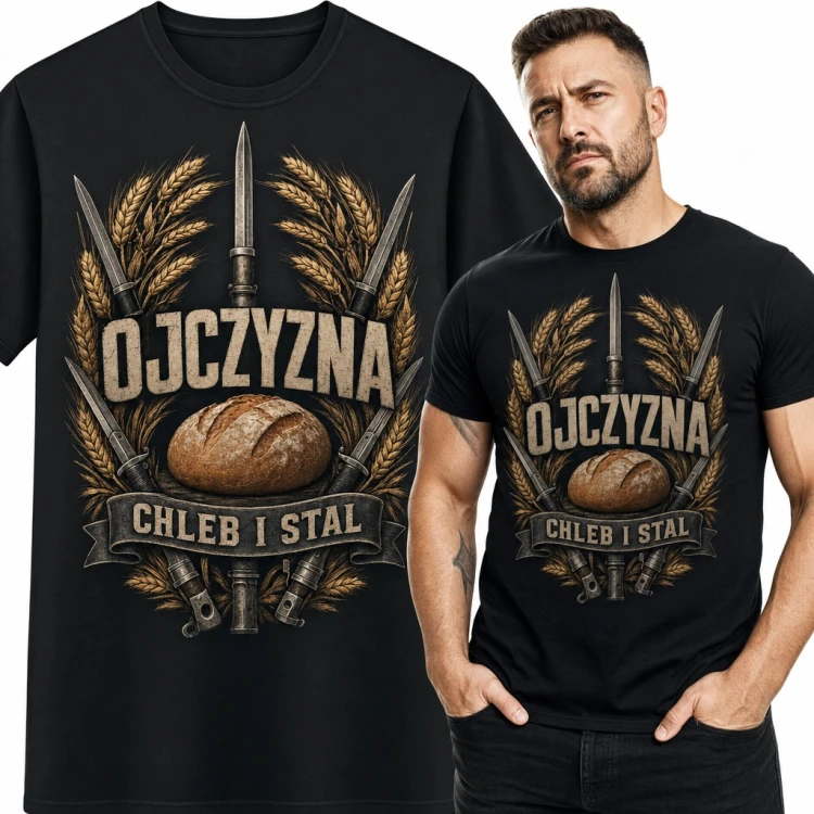 Koszulka męska patriotyczna „Ojczyzna chleb i stal” z bagnetami i kłosami