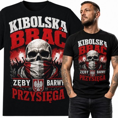 Koszulka męska „Kibolska brać” - czaszka w biało-czerwonym szaliku z orłem dla kibica