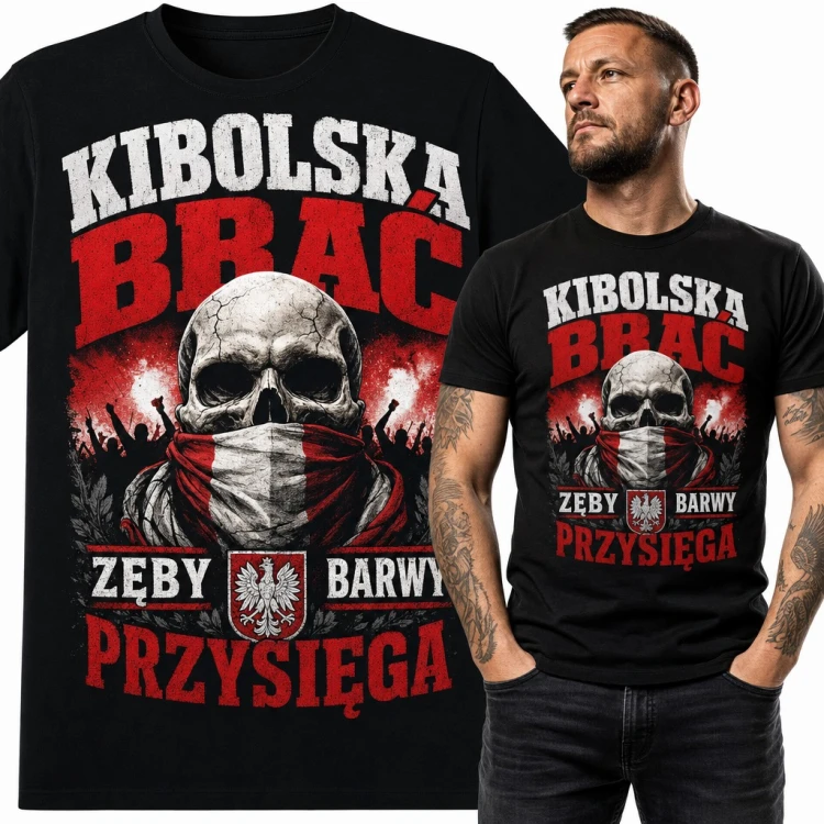 Koszulka męska „Kibolska brać” - czaszka w biało-czerwonym szaliku z orłem dla kibica