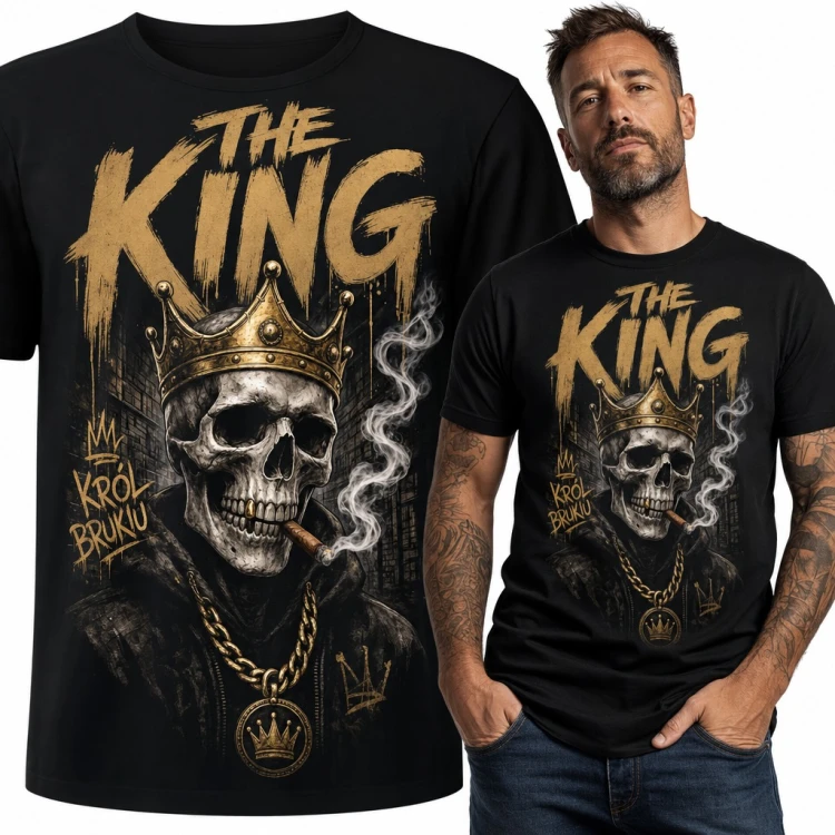 Koszulka męska „The King” - czaszka w złotej koronie z cygarem