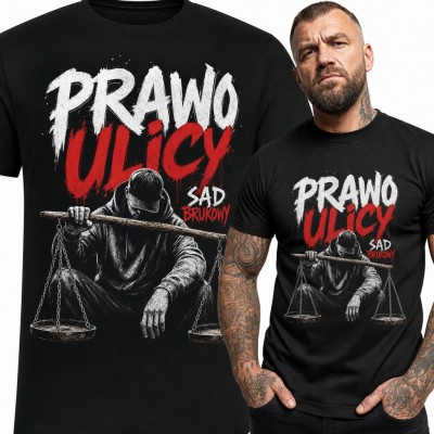 Koszulka męska „Prawo ulicy” - sąd brukowy i waga sprawiedliwości w stylu streetwear