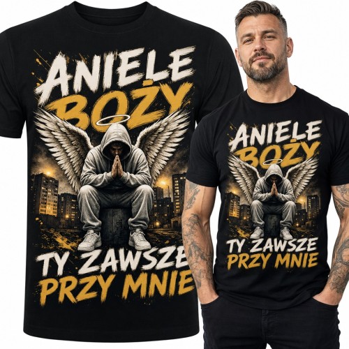 Koszulka męska „Aniele Boży ty zawsze przy mnie” - anioł stróż w kapturze na blokowisku