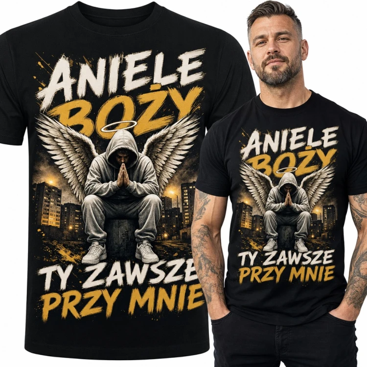 Koszulka męska „Aniele Boży ty zawsze przy mnie” - anioł stróż w kapturze na blokowisku