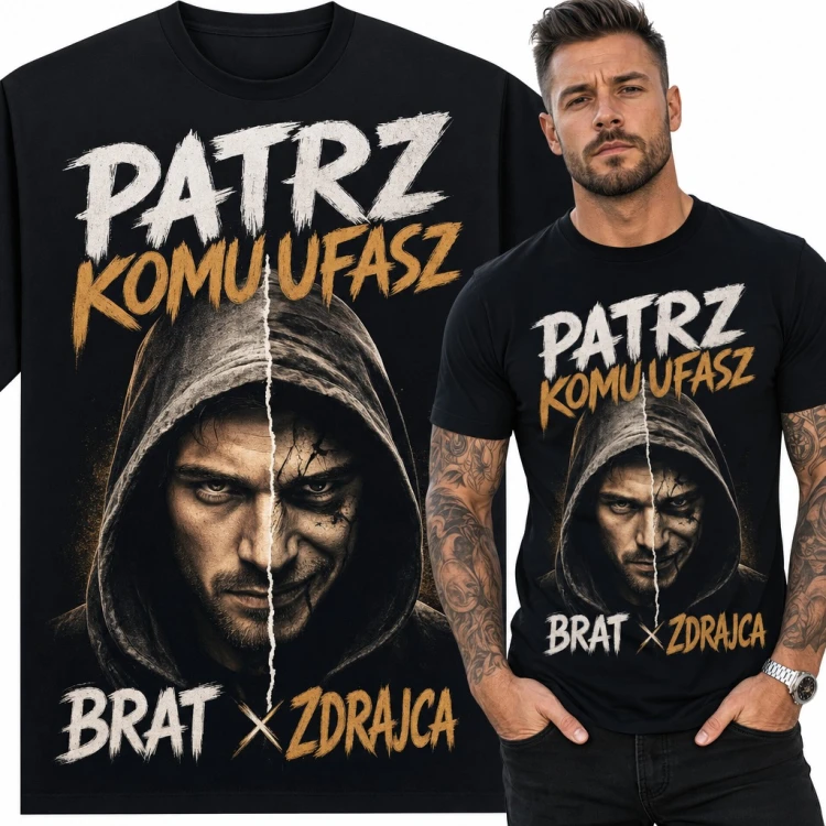 Koszulka męska „Patrz komu ufasz” - twarz w kapturze brat i zdrajca