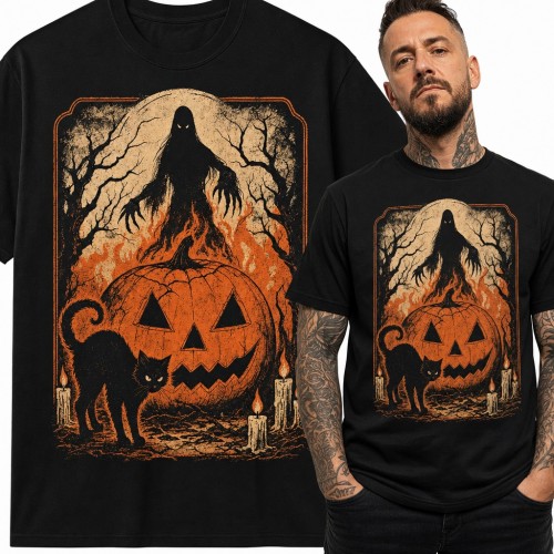 Koszulka męska Halloween - dynia, czarny kot i upiór wśród płomieni