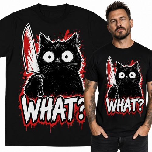 Koszulka męska z czarnym kotem z nożem „What?” - horror humor