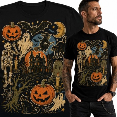 Koszulka męska Halloween retro - dynie, duchy, czarownica i nawiedzony dom