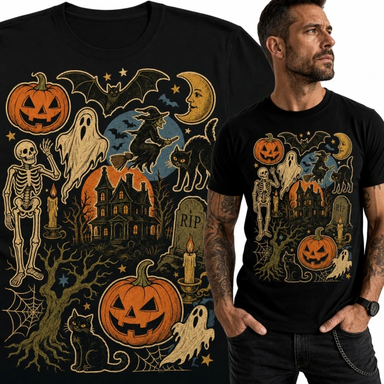 Koszulka męska Halloween retro - dynie, duchy, czarownica i nawiedzony dom