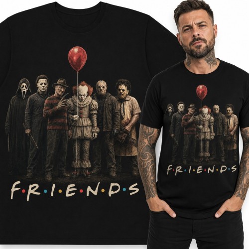 Koszulka męska „Friends” - postacie z horrorów i klaun z czerwonym balonem