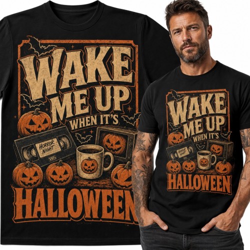Koszulka męska „Wake me up when it's Halloween” - dynie i kaseta VHS