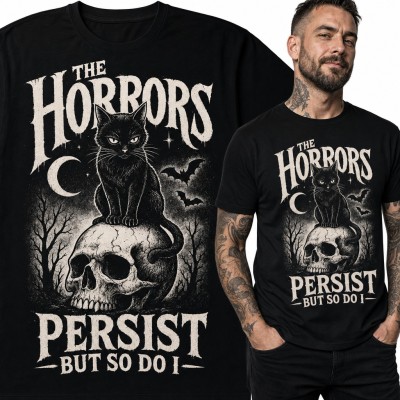 Koszulka męska „The horrors persist but so do I” - czarny kot na czaszce