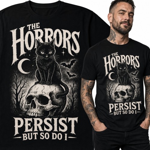 Koszulka męska „The horrors persist but so do I” - czarny kot na czaszce