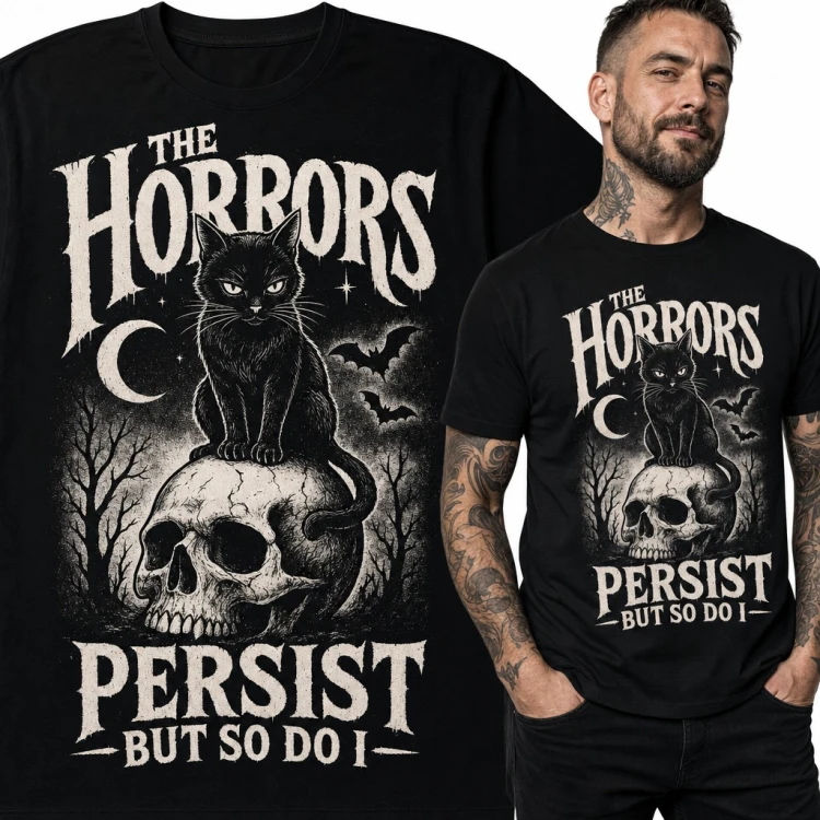 Koszulka męska „The horrors persist but so do I” - czarny kot na czaszce