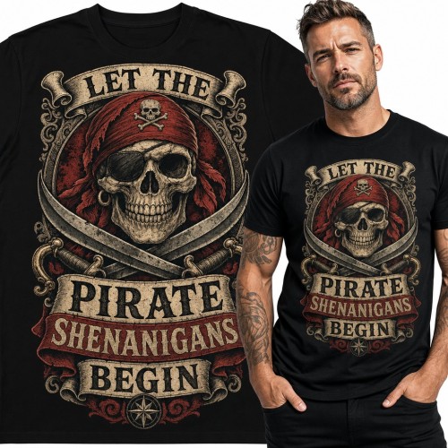 Koszulka męska pirat z czaszką w bandanie i szablami „Let the Pirate Shenanigans Begin”