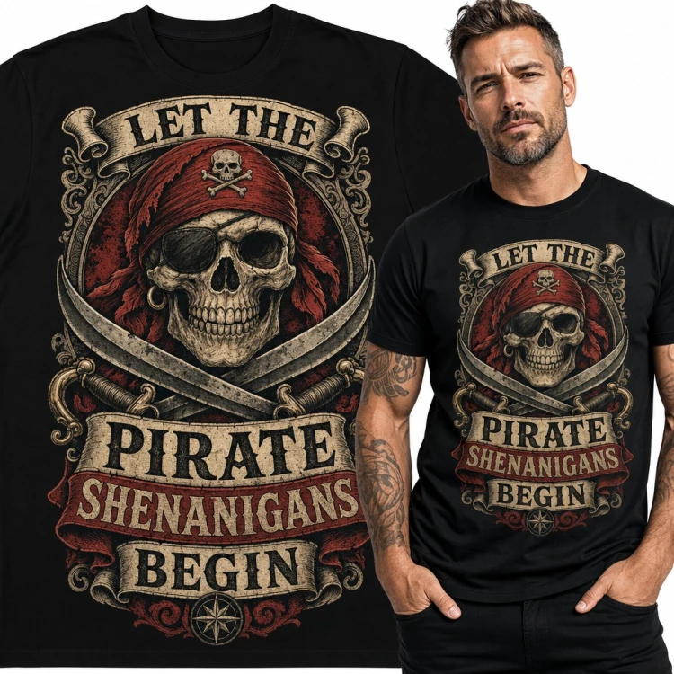 Koszulka męska pirat z czaszką w bandanie i szablami „Let the Pirate Shenanigans Begin”