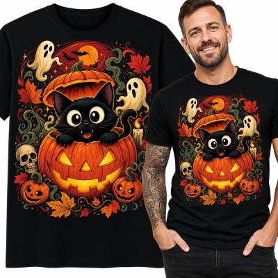 Koszulka męska Halloween - czarny kot w świecącej dyni wśród duchów