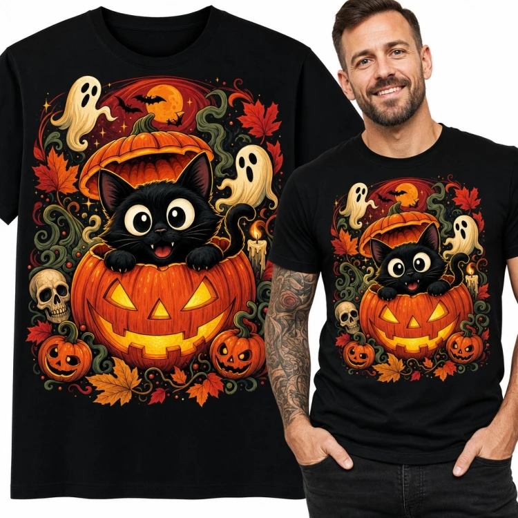 Koszulka męska Halloween - czarny kot w świecącej dyni wśród duchów