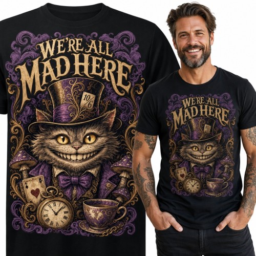 Koszulka męska „We're All Mad Here” - kot z Cheshire w cylindrze Kapelusznika