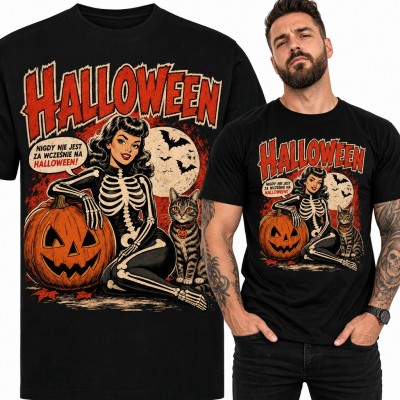 Koszulka męska „Halloween” - retro pin-up w kostiumie szkieletu z dynią i kotem